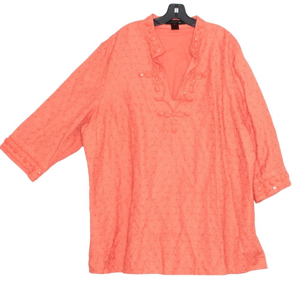 Ashley Stewart Tunic Top Linen Beaded Plus Size 24W 3/4 Sleeve Boho Resort Flowy